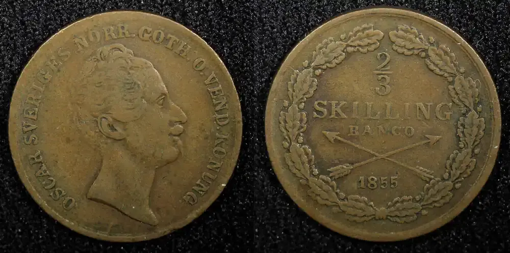 2/3 Skilling SWEDEN Oscar I Copper 1855 Last Year Type KM 663 (22 548) Uncertified | Extra sparen