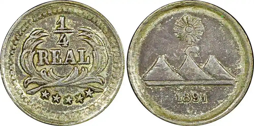 1/4 Real Guatemala Silver 1891 sun above 3 volcanoes Toned KM 158 (22 695) Uncertified | Top-Angebot