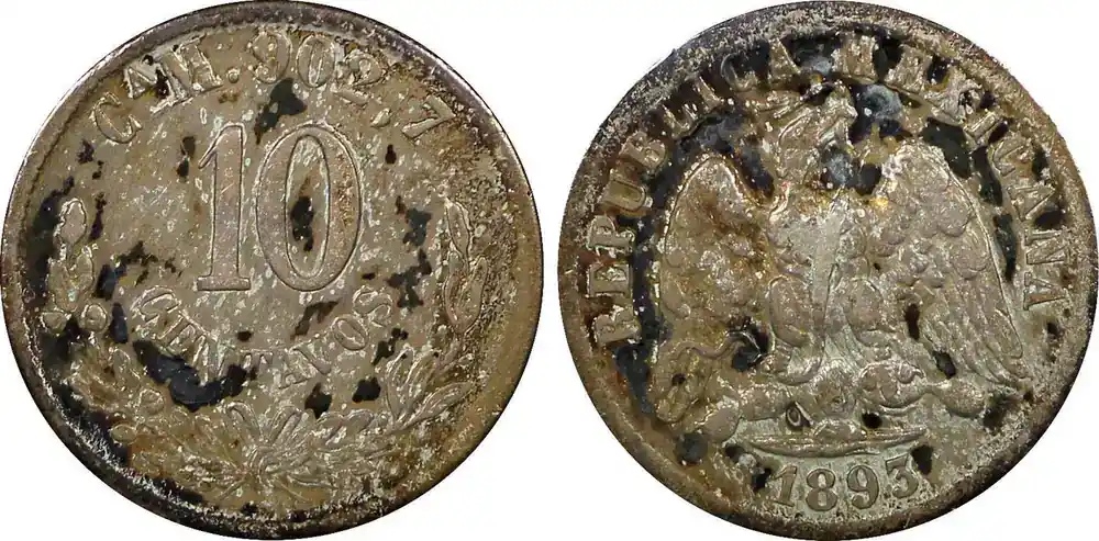 Nur begrenzt verfügbar - 10 Centavos Mexico SECOND REPUBLIC Silver 1893 Ca M Chihuahua Mint KM 403.1 (86) Uncertified
