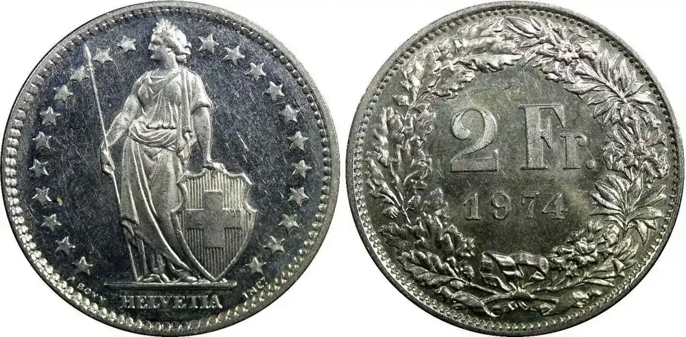 Kundenliebling | 2 Francs SWITZERLAND Copper-Nickel 1974 PROOF LIKE FLASHY KM 21a.1 (23 363) PP