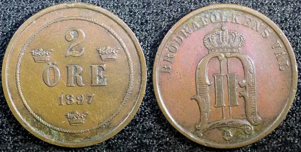 Nur noch heute - Bronze SWEDEN Oscar II 1897 EB 2 Ore Large Letters KM 746 (23 110) Uncertified