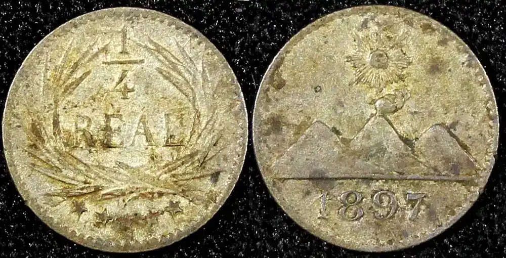 1/4 Real GUATEMALA Silver 1897 Sun above 3 Volcanoes Toned KM 162 (22 791) Uncertified - Versand noch heute