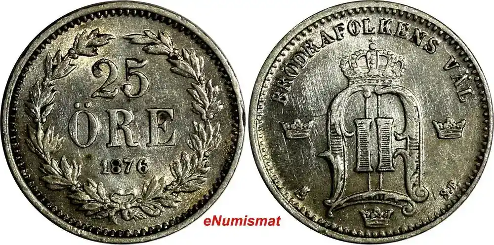 SWEDEN Oscar II Silver 1876 ST 25 Ore XF KM 738 (15 570) Uncertified - Knallerpreis
