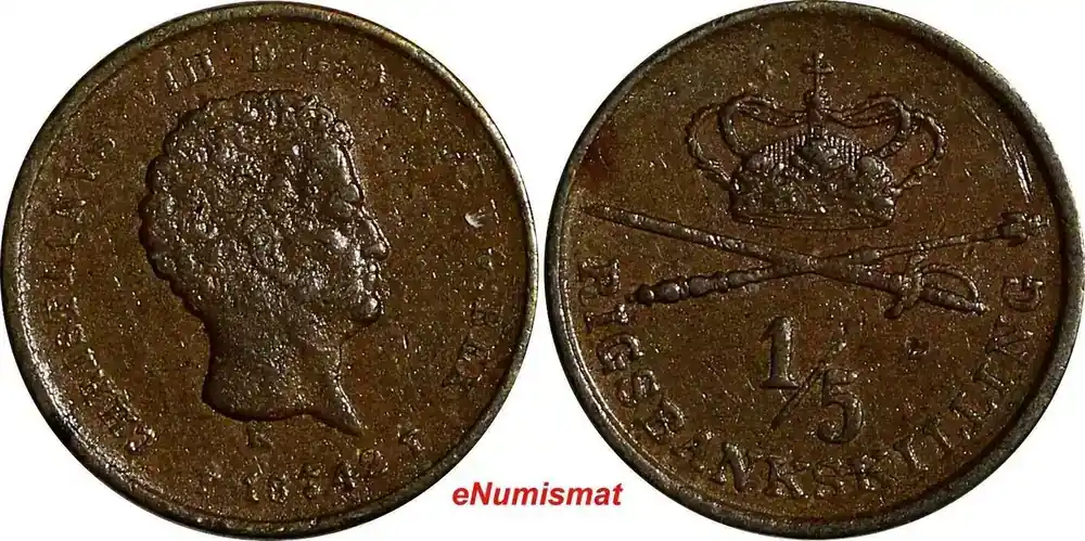 Sonderpreis | 1/5 Rigsbankskilling Denmark Christian VIII Copper 1842 FF 1 YEAR VF KM 723 (28) Uncertified