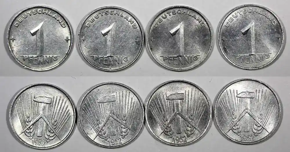1 Pfennig Germany Democratic Republic Aluminum LOT OF 4 COINS 1952 A Unc KM 5(1) Uncertified - Preisvorteil