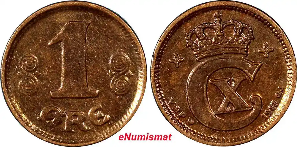 Bronze Denmark Christian X 1917 VBP; GJ 1 Ore aUNC KEY DATE SCARCE KM 812.1(5) - Bestellbar