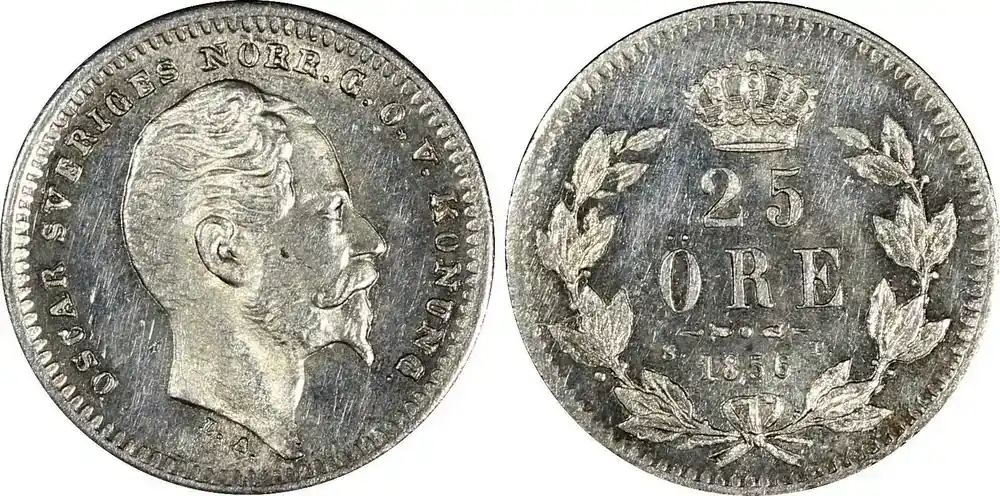 Nur wenige verfügbar - SWEDEN Oscar I Silver 1856 ST 25 Ore SCARCE UNC KM 684 (21 662) unz
