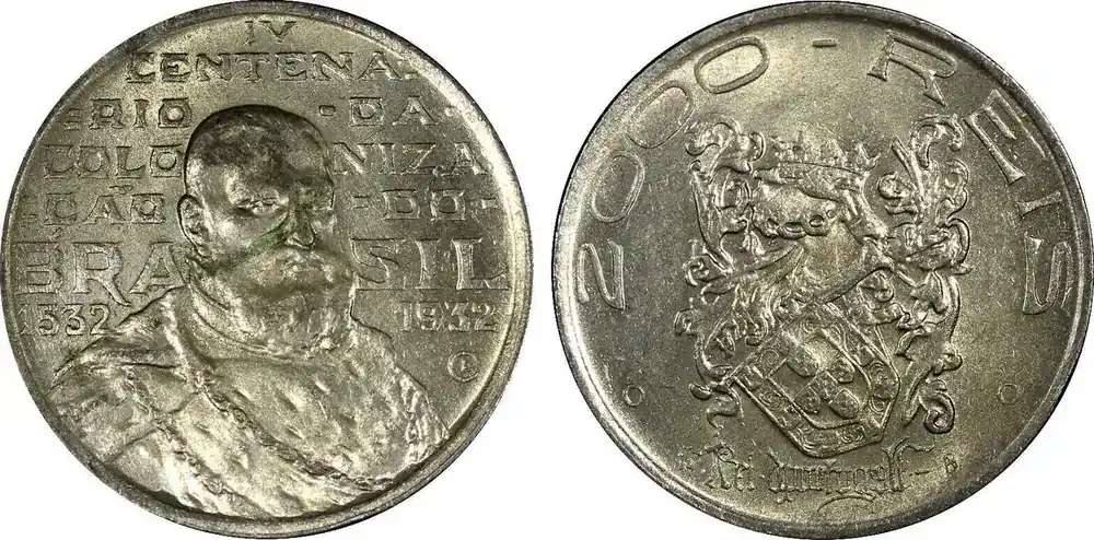Neu verfügbar | 2000 Reis Brazil Silver 1932 400th Anniversary of Colonization KM 532 (22 208) Uncertified