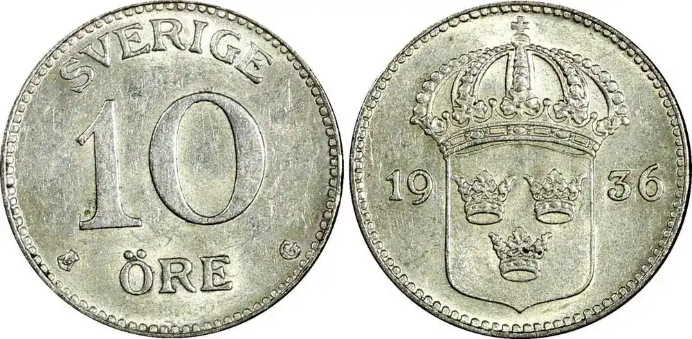 Top-Deal - 10 Öre SWEDEN Gustaf V Silver 1936 G Long‘‘6‘‘ UNC KM 780 (22 140) unz