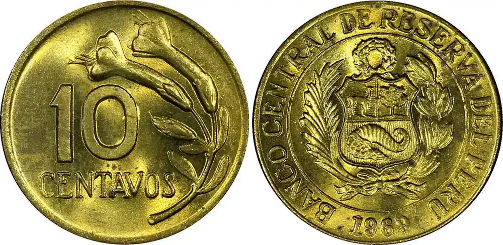 Profi-Qualität | 10 Centavos Peru Brass 1969 GEM BU KM 245.2 (262) Uncertified