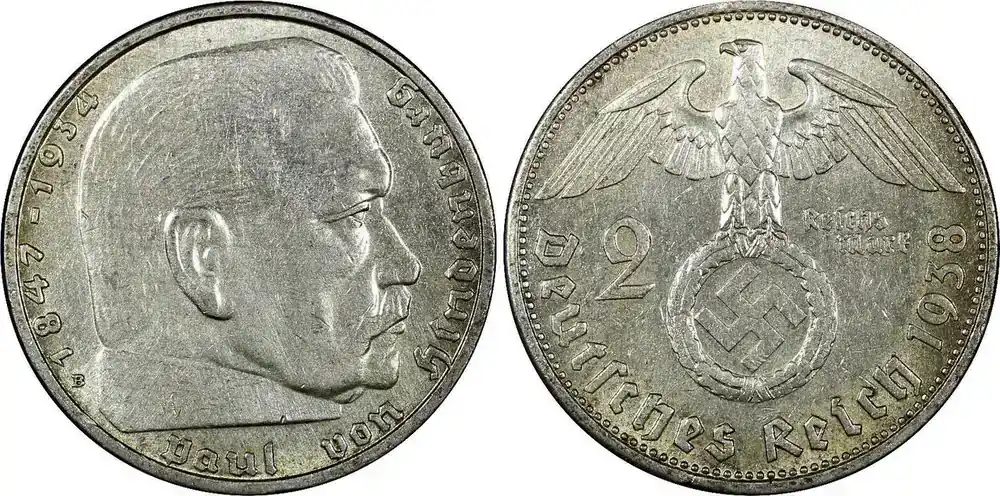 Mark Germany – Third Reich Silver 1938 B 2 Reichs Hindenburg KM 93 (22 293) Uncertified | Auf Lager