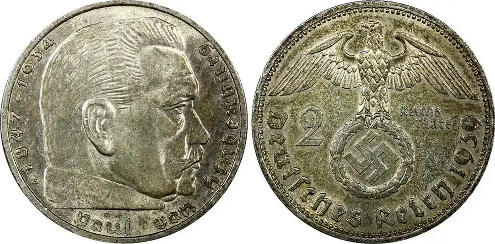 Letzte Chance | Mark Germany – Third Reich Silver 1939 A 2 Reichs Hindenburg KM 93 (22 333) Uncertified
