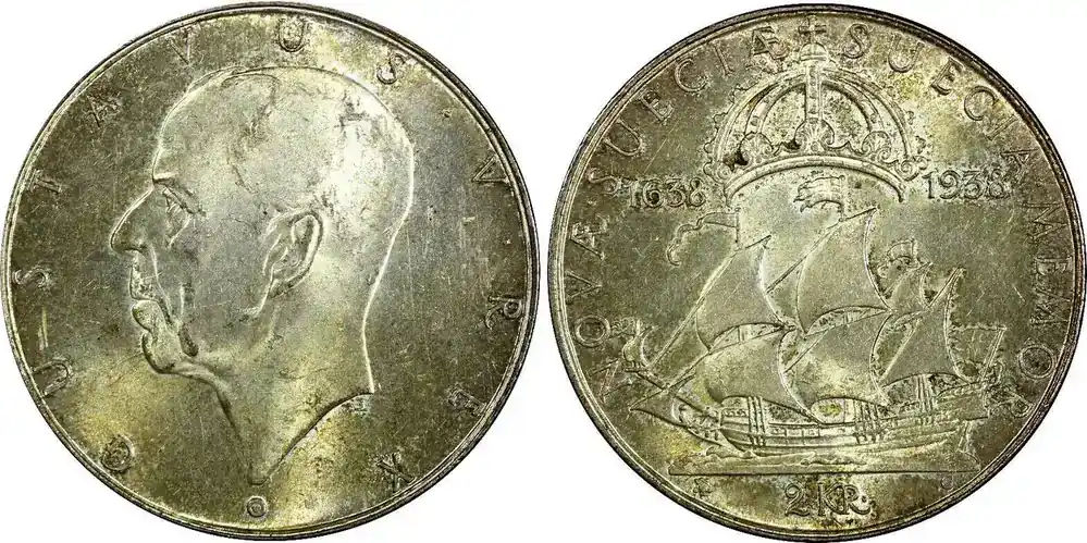 Abverkauf - 2 Kronor SWEDEN Silver 1938 G 300th Settlement of Delaware UNC Toned KM 807 (6) unz