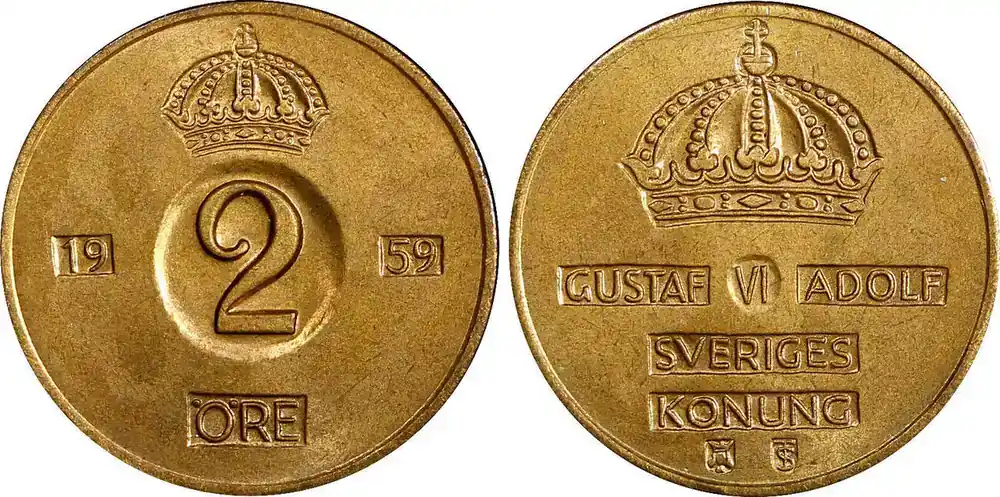 Bronze Sweden Gustaf VI 1959 TS 2 Ore GEM BU Toned KM 821 (21 956) Uncertified - Günstig
