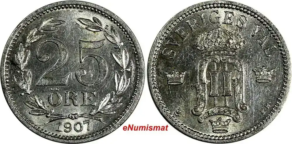 Zertifiziert | 25 Öre Sweden Oscar II Silver 1907 EB aUNC Light Toned KM 775 (17 387)
