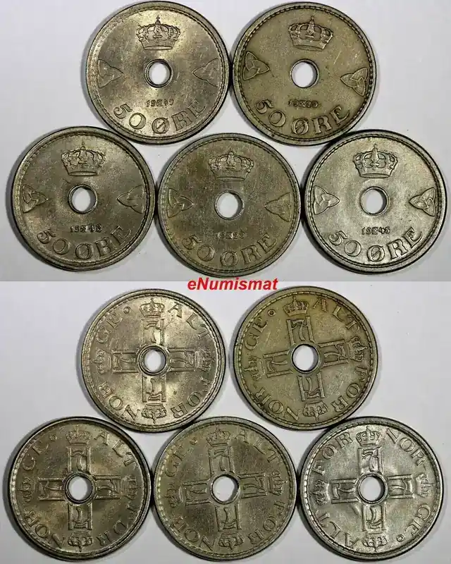 50 Øre 1929-1949 Norway Haakon VII LOT OF 5 COINS 1929(2 p),1945,1948,1949 KM 386 (17474) Uncertified - Premium