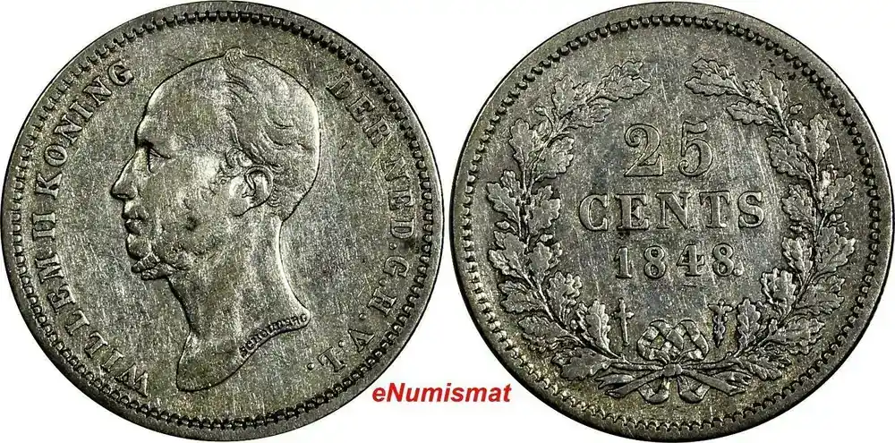 Sehr beliebt - 25 Cents Netherlands William II Silver 1848 KM 76 (18 038) Uncertified