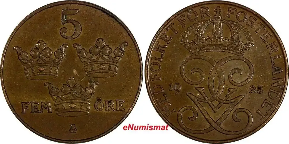 Bronze Sweden Gustaf V 1925 5 Ore KM 779.2 (17 856) Uncertified | Extra-Rabatt