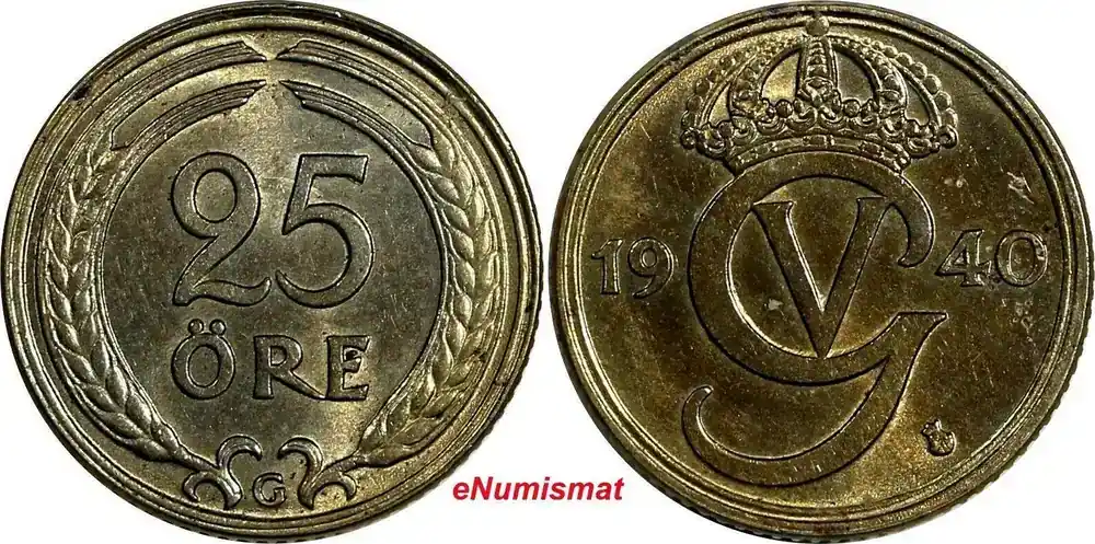 25 Öre Sweden Gustaf V Nickel-Bronze 1940 G aUNC KM 798 (17 991) - Versand noch heute
