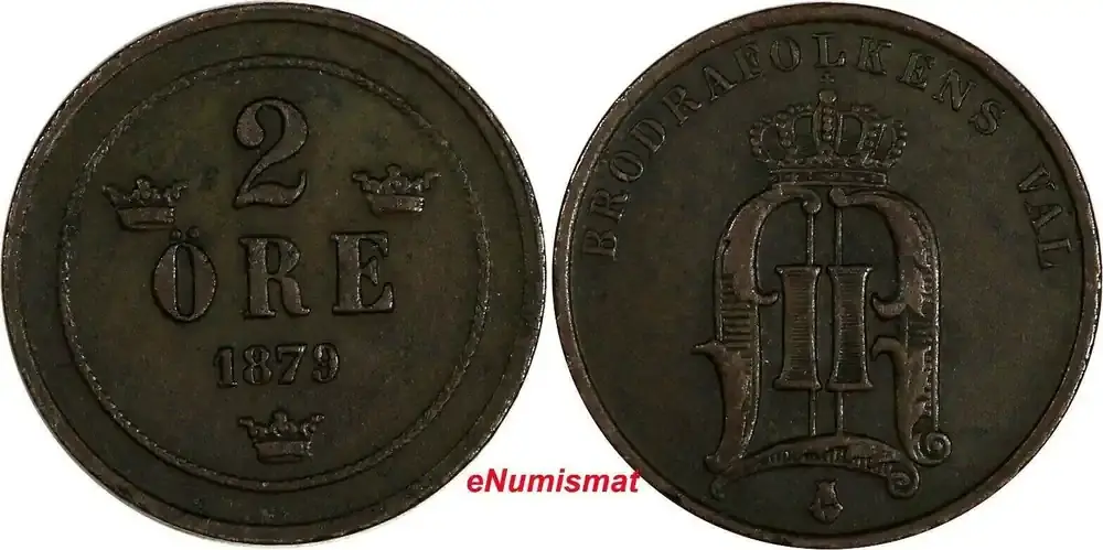 Zertifiziert | Bronze Sweden Oscar II 1879 EB 2 Ore Large Letters KM 746 (17 901) Uncertified