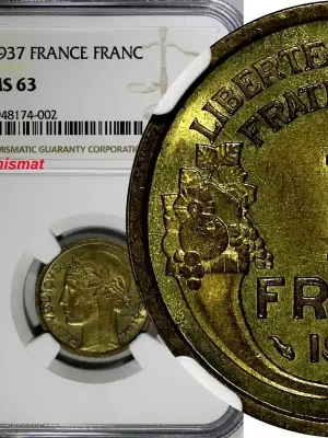 1 Franc France Aluminum-Bronze 1937 NGC MS63 KM 885 (002) | Sehr gut bewertet