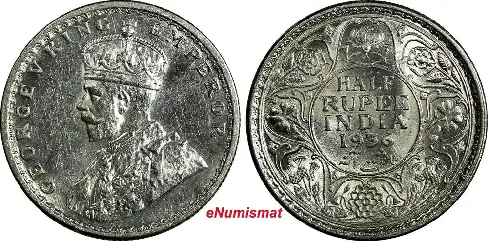 1/2 Rupee India-British George V Silver 1936 (C) aUNC Condition KM 522 (18 763) | Neuzugang