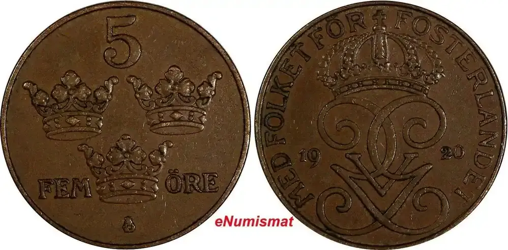 Preisknaller - Bronze Sweden Gustaf V 1920 5 Ore Large Cross 27mm KM 779.2 (17 907) Uncertified