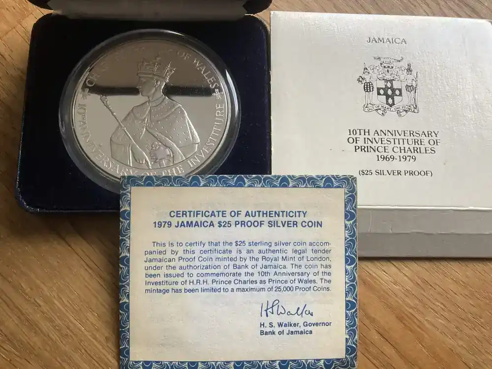 JAMAIKA 25 Dollars CHARLES Prince of Wales 1979 PP im Original-Etui+Zerti. 136 g - Herstellerpreis