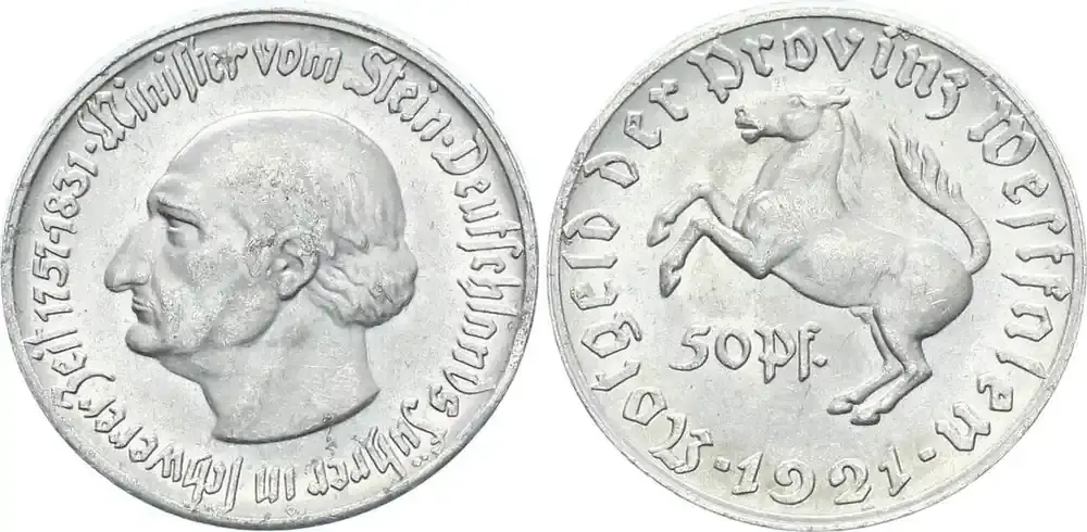 Hohe Qualität | Deutschland, Staatliches Notgeld 50 Pfennig 1921 Provinz Westfalen Minister vom Stein / Westfalenross fast vorzüglich