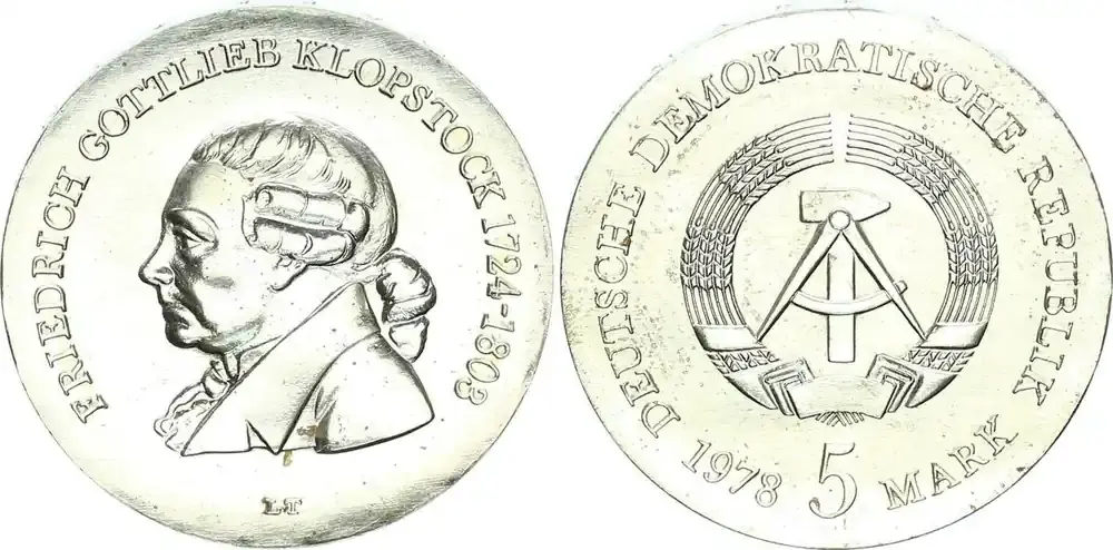 DDR 5 Mark 1978 A Gedenkmünze Friedrich Gottlieb Klopstock prägefrisch, fast stempelglanz | Neuheit