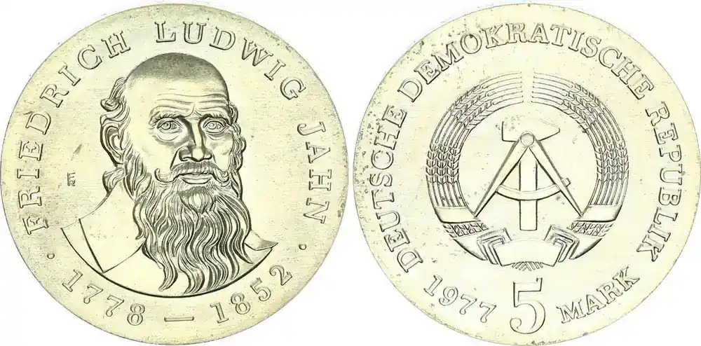DDR 5 Mark 1977 A Gedenkmünze Friedrich Ludwig Jahn stempelglanz - Schneller Versand