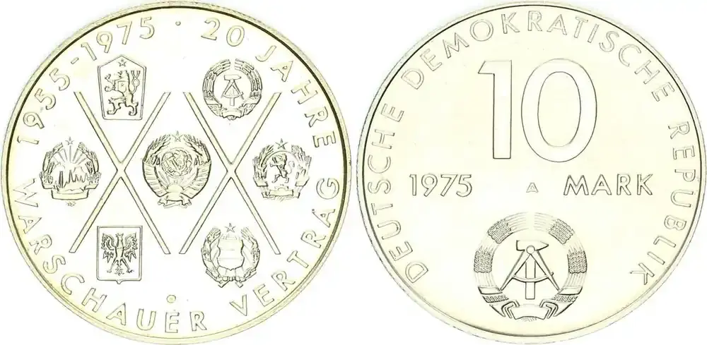 Qualitätsprodukt - DDR 10 Mark 1975 A Gedenkmünze Warschauer Vertrag, Exp. (Exportqualität) prägefrisch, stempelglanz