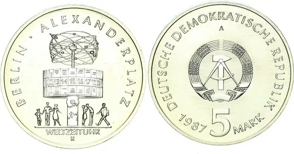 DDR 5 Mark 1987 A Gedenkmünze Alexanderplatz, Weltzeituhr prägefrisch, stempelglanz - Reduziert