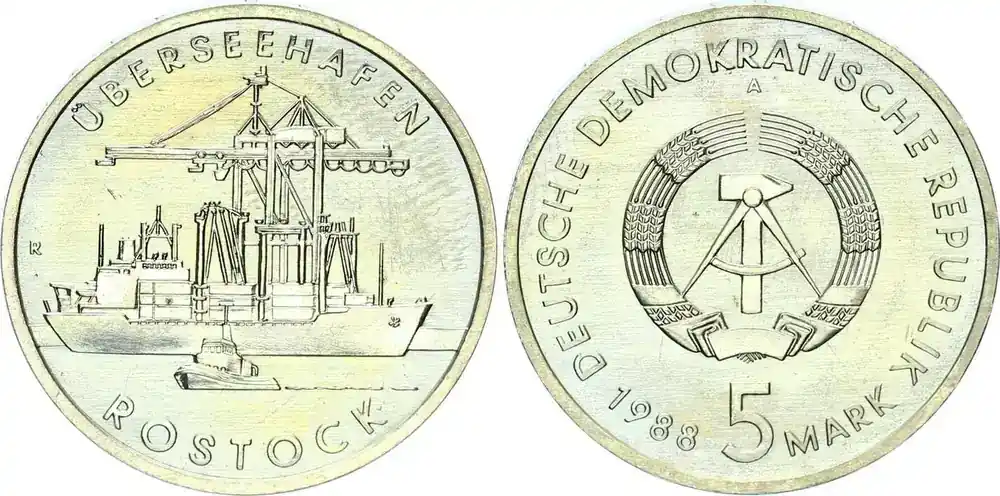 Preisknaller - DDR 5 Mark 1988 A Gedenkmünze Überseehafen Rostock prägefrisch, fast stempelglanz
