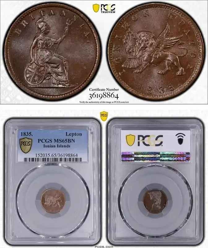 Reduziert | Greece, Ionian Islands LEPTON-COPPER 1835 KM-34-1 PCGS-MS65BN