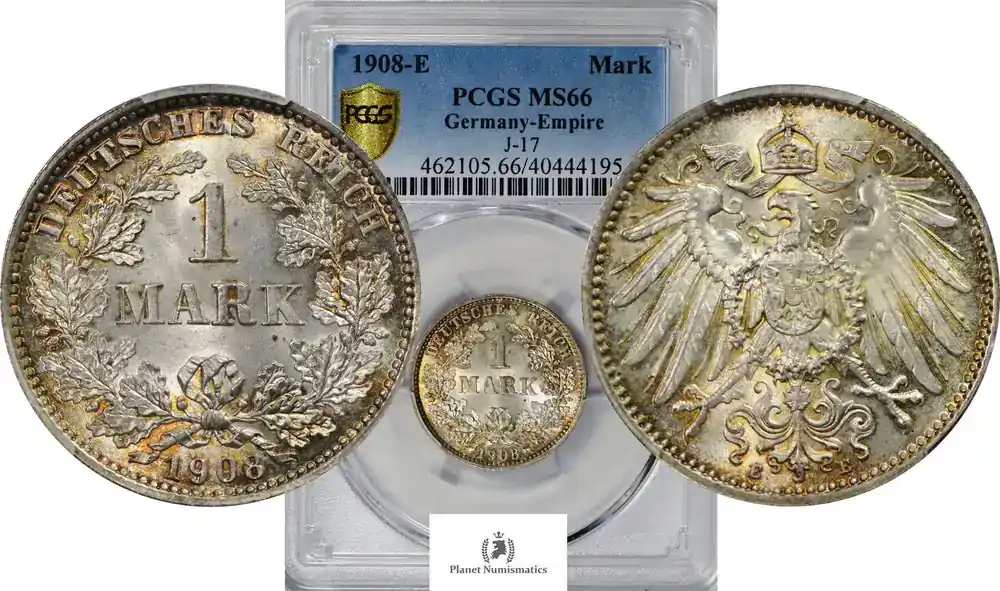 Top-Qualität | Germany SILVER-1-MARK 1908-E 25622-10 PCGS-MS66