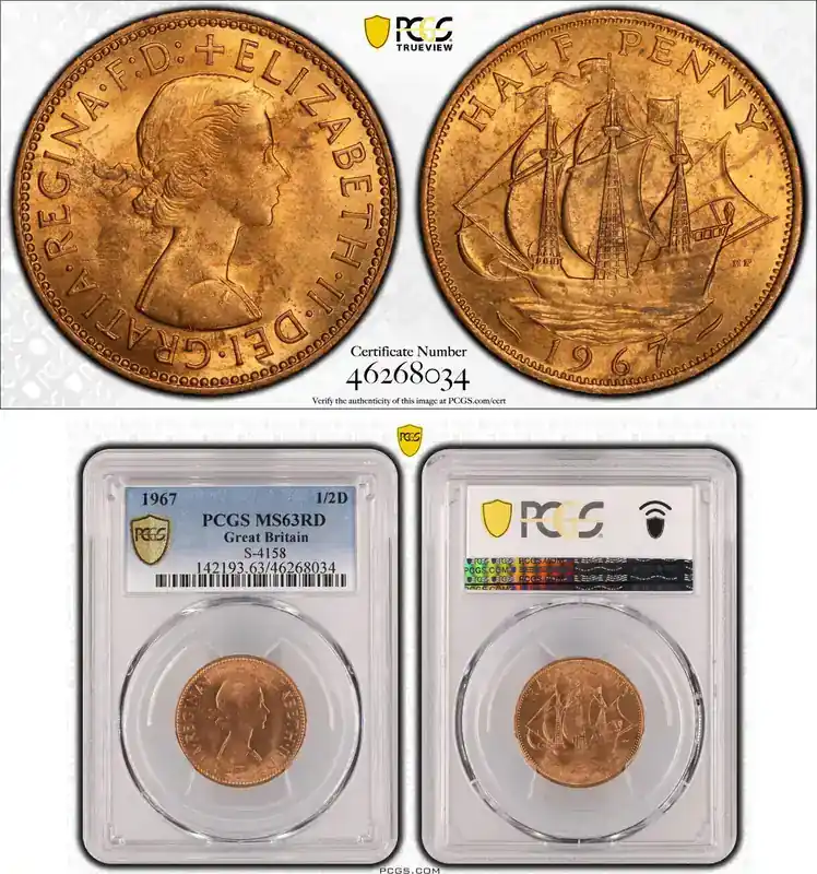 Top bewertet - Great Britain HALF-PENNY-BRONZE 1967 PL-20 PCGS-MS63RD