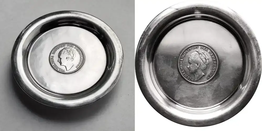 Versand noch heute | Netherlands, Wilhelmina Silver bowl / saucer with 1 Gulden coin 1943, 28 mm, weight approx. 10 g. .720, bowl diameter 88 mm, total vz