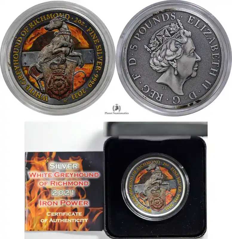 Verfügbar | Great Britain SILVER-2-OZ-GREYHOUND-IRON-POWER-EDITION 2021 1923 COLOURED-BU