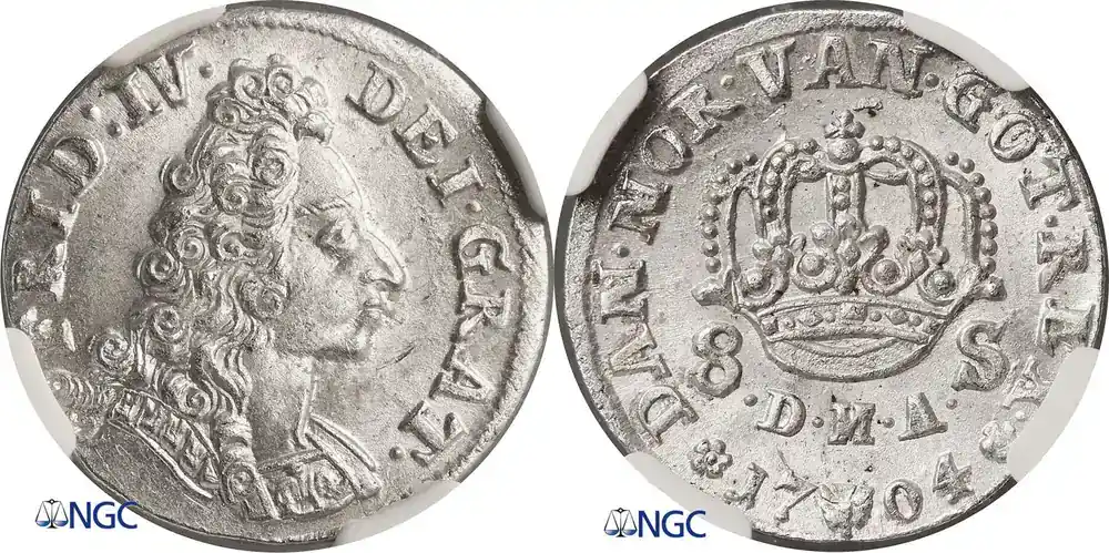 Denmark. Frederik IV 8 Skilling 1704 NGC MS 65 | Jetzt neu