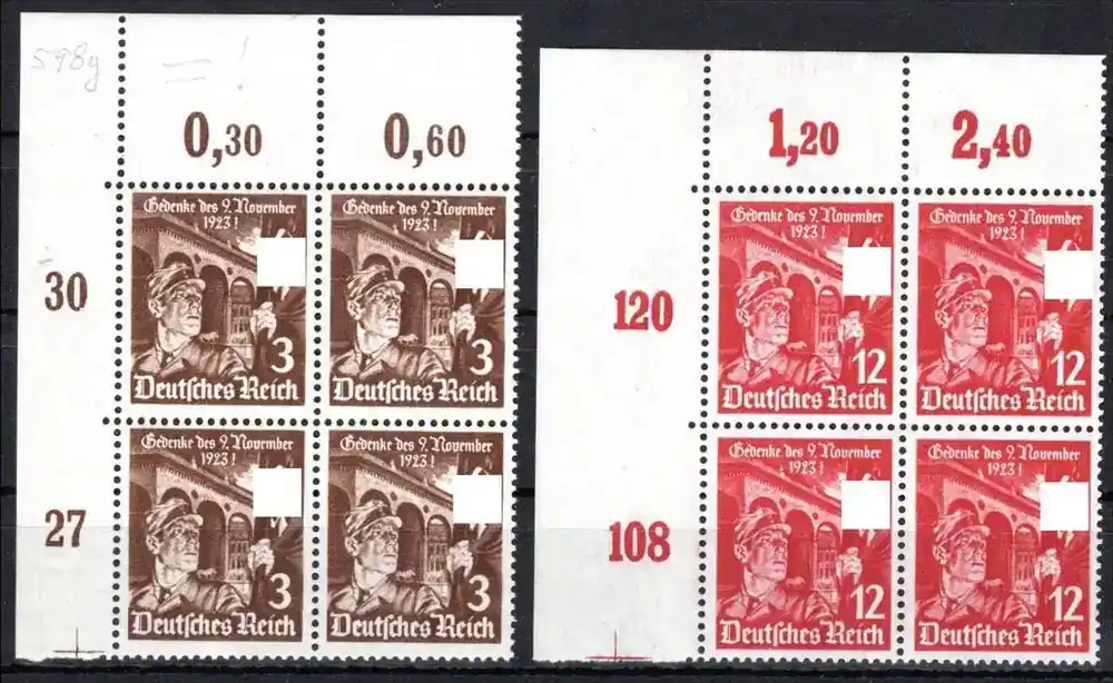 Deutsches Reich MiNr. 598 y – 599 postfrisch als 4er Blöcke Eckrand ol MiNr. 598 y – 599 als 4er Blöcke Eckrand ol - Einfach bestellen