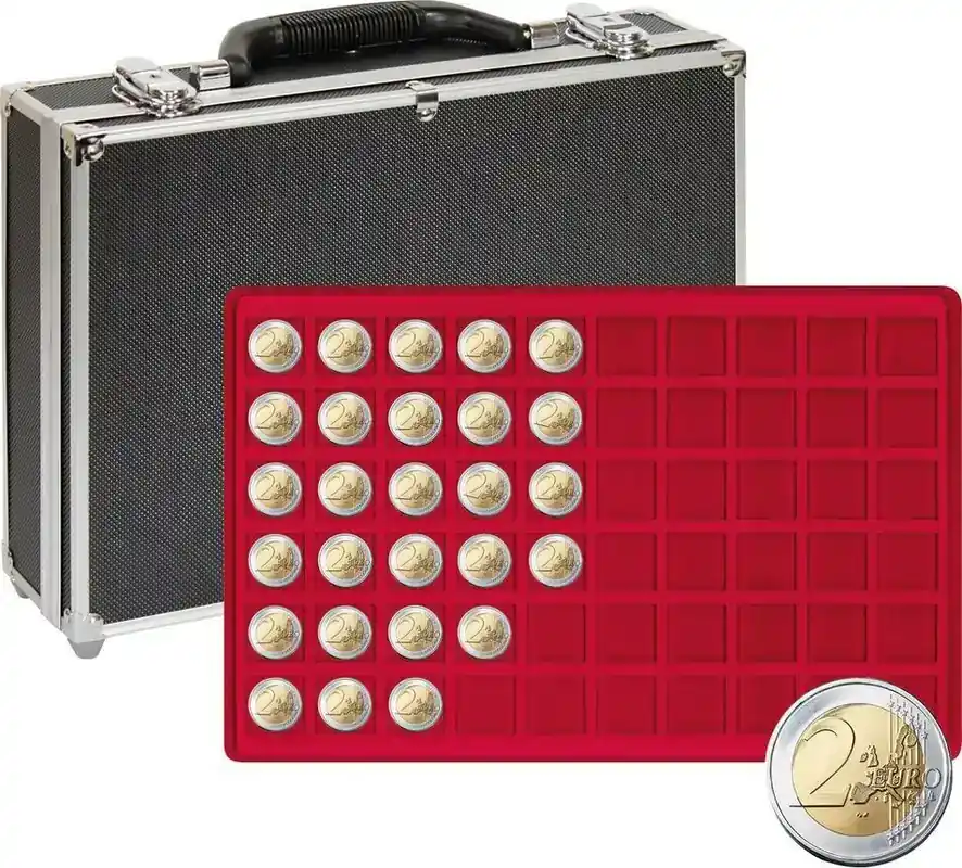 Brandneu - Lindner Münzkoffer 2338-480 mit 8 roten Münztableaus für Münzen bis 27 mm Ø Neu
