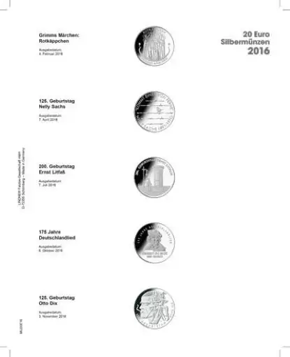Lindner Vordruckblatt Publica M für 20 Euro-Silbermünzen (2016) MU20E16 Neu - Top-Deal