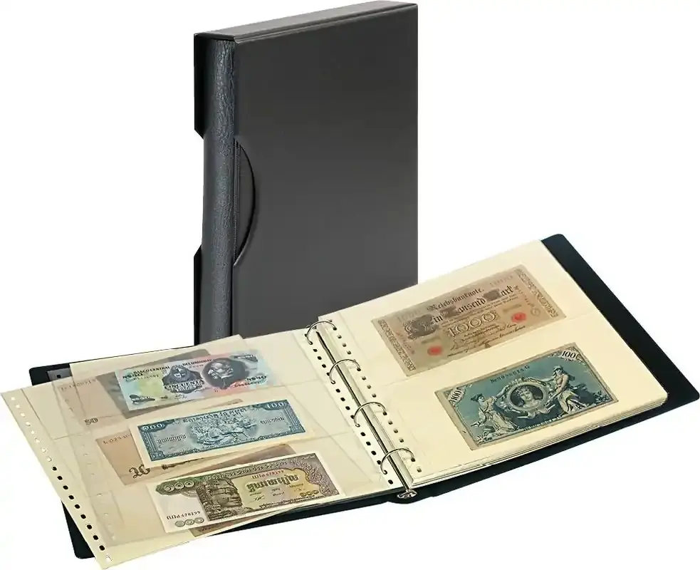 Profi-Qualität - Lindner Banknotenalbum schwarz mit Kassette und 20 Klarsichthüllen SRSBN-814 Neu