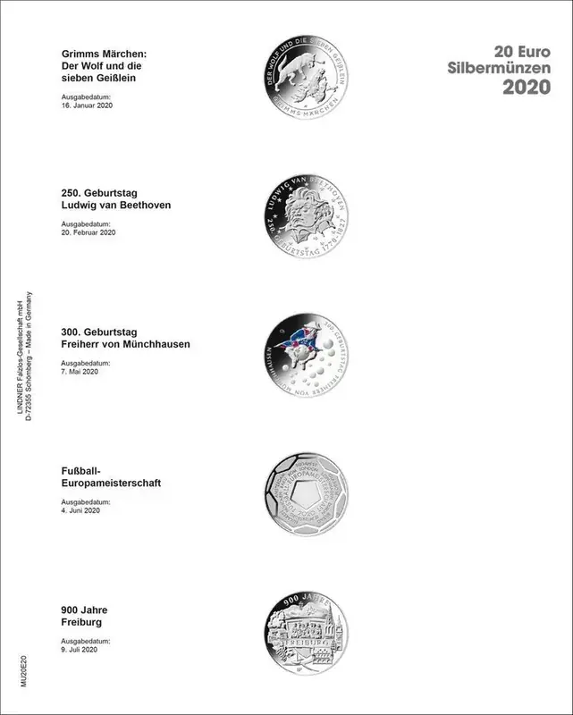 Lindner Vordruckblatt Publica M für 20 Euro-Silbermünzen (2020) MU20E20 Neu | Angebot
