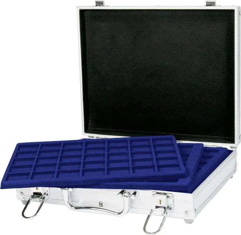 Lindner Münzkoffer Alu S2307-177M mit 6 gemischten, blauen Münztableaus Neu - Sonderangebot
