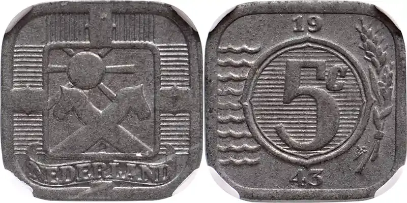 Nur wenige verfügbar | The Netherlands 5 cent zink 1943 Wilhelmina NGC MS 65 st