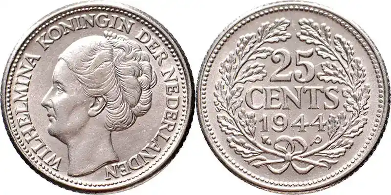 The Netherlands 25 cent 1944EP Wilhelmina Pr vz | Preishit